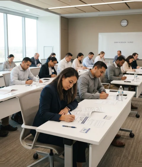 Candidates taking a certification examination