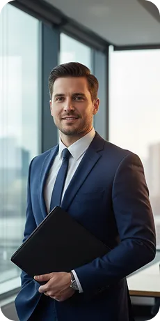 Business professional holding a portfolio.