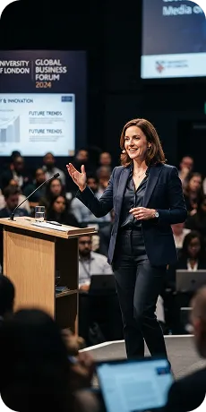 Speaker addressing a business conference.