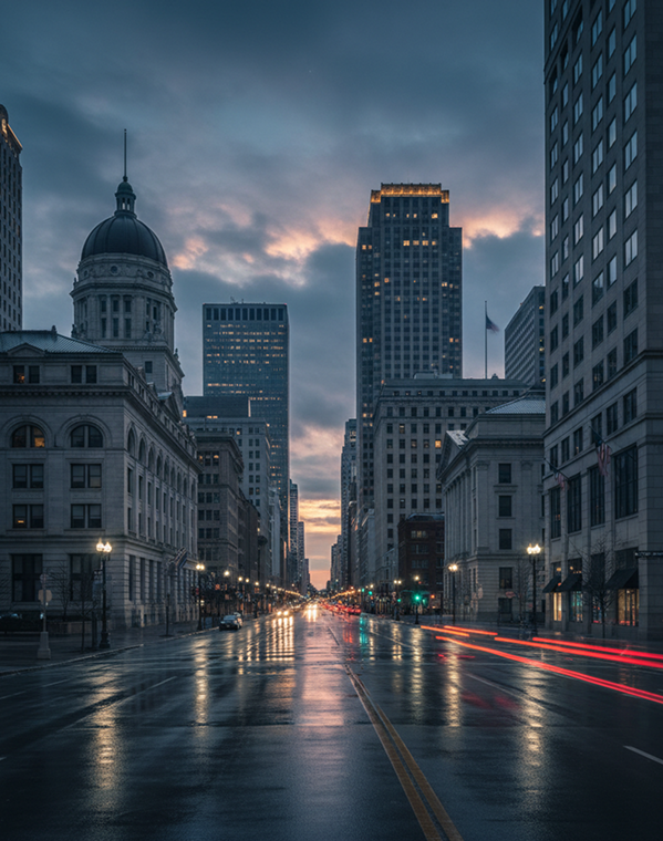 City buildings overlooking a street at dusk.