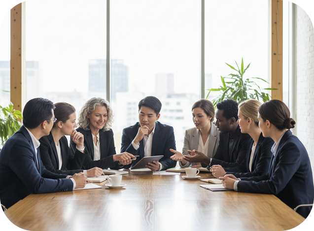 A diverse team sharing ideas around a meeting table.