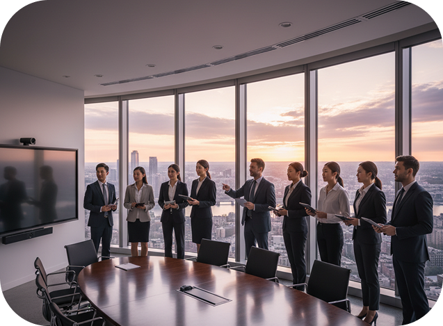Business professionals discussing their shared vision in a boardroom.